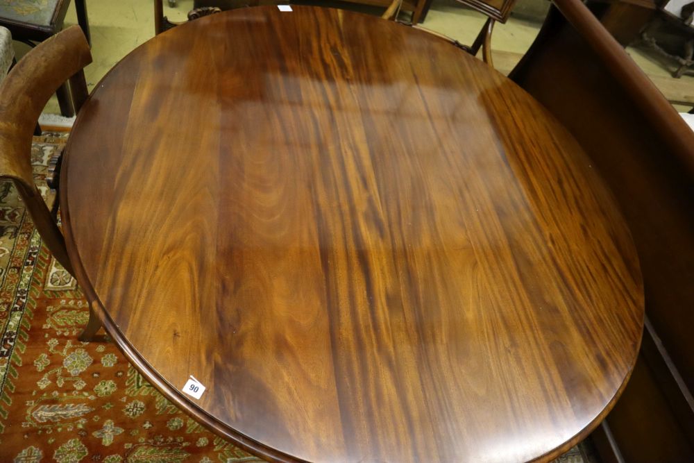 A Regency style mahogany circular tilt top breakfast table, 148cm diameter, height 69cm